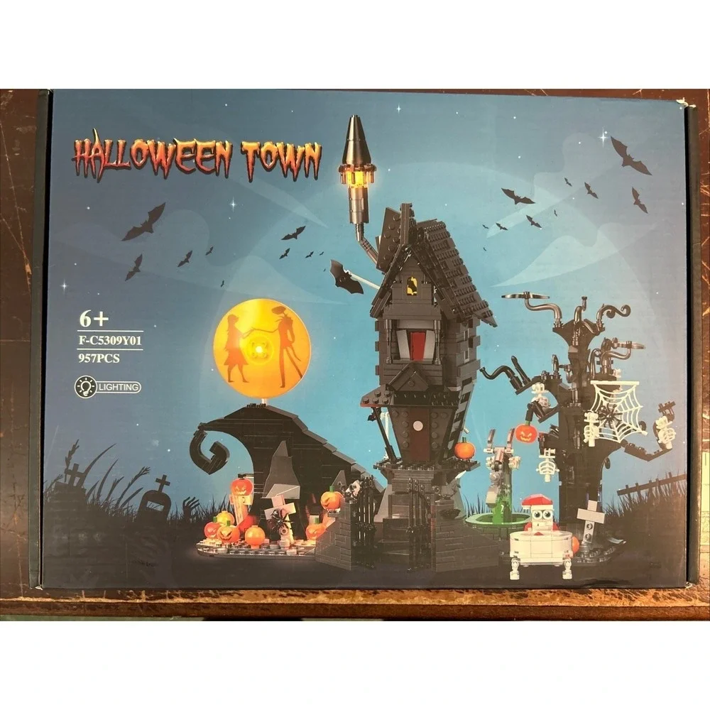 MillionSpring Halloween Town Building Block Set 957pc Light Up Spooky Gothic Toy